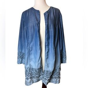 Chicos Chambray Blue Ombre Open Front Cardigan Size 3 US XL Blue Embroidered